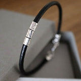 Sleek Leather Bracelet for men Hammered Sterling silver bead tubes bracelet