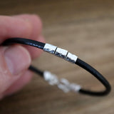 Sleek Leather Bracelet for men Hammered Sterling silver bead tubes bracelet