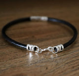 Sleek Leather Bracelet for men Hammered Sterling silver bead tubes bracelet