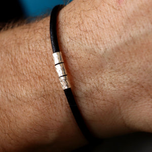 Sleek Leather Bracelet for men Hammered Sterling silver bead tubes bracelet