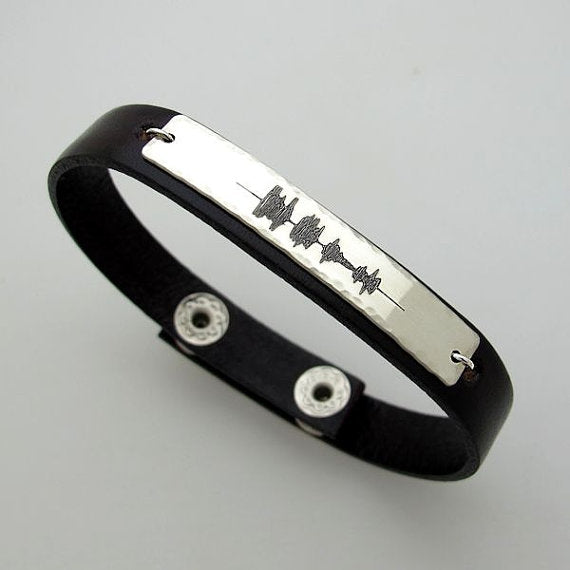 Personalized Sound Waves Bracelet, Leather Cuff for Men