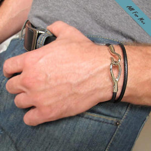 Silver Hook Leather Bracelet / Wrap Mens Bracelet Brown